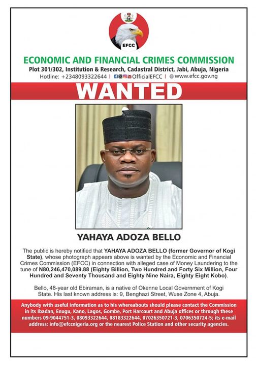 Yahaya Bello Still On The Run, Not With Us……..EFCC